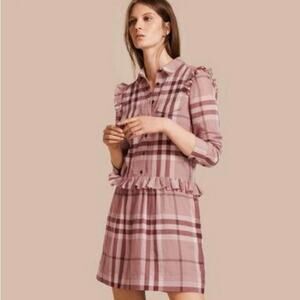 Burberry London Ruffle Detail Cotton Nova Check Antique Pink Shirt Dress Us 12